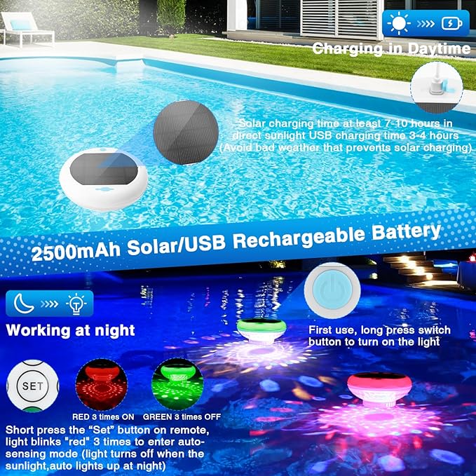 Solar Pool Chlorine Floater, USB Rechargeable Floating Pool Lights, 2600mAh 6.69” IP68 Waterproof Floating Chlorine Dispenser,13 Color Modes Adjustable Release Solar Chlorines Floater 4 Pack