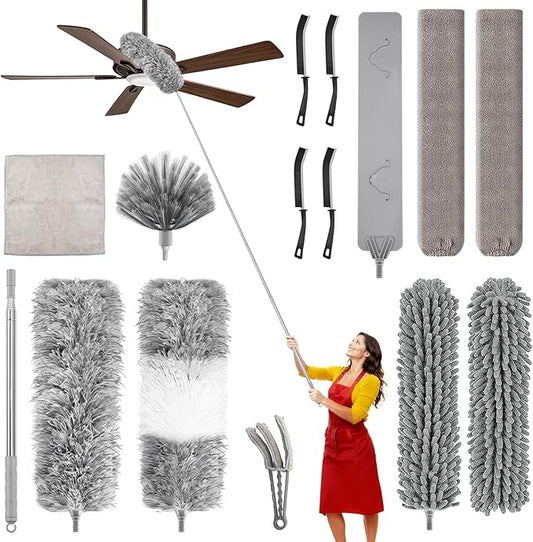Professional 14-in-1 Cleaning System with 100-inch Pole, 4 Duster Heads, Flat & Cobweb Tools for Ceiling to Floor