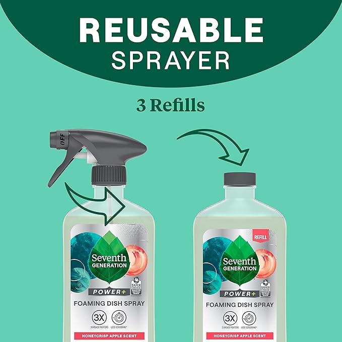 Seventh Generation Foaming Dish Spray, 3 Refills and 1 Sprayhead, 16 Fl Oz, (Pack of 6)