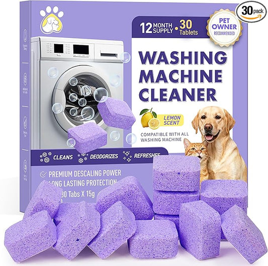 30 Pack Washing Machine Cleaner Tablets, Deep Cleaning for HE, Front＆Top Loader Washer, Natural Fresh Formulared for Pet Owners, Heavy Duty, Septic Safe (Over 12 Month Supply), 15G, Purple