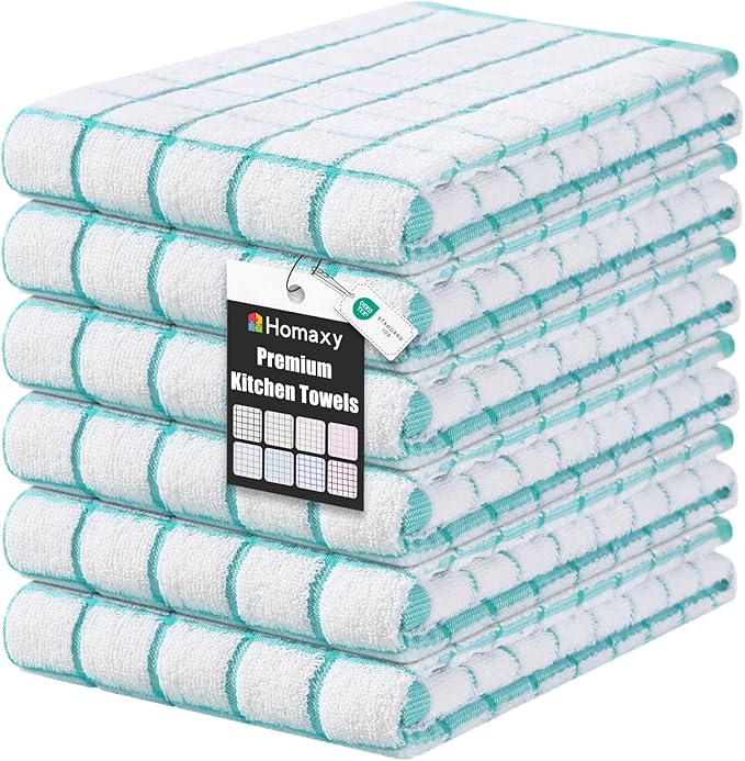 Homaxy Premium Kitchen Towels(16”x 28”, 6 Pack), Large Ring Spun Cotton Dish Towels, Super Absorbent Soft Terry Kitchen Hand Towels, Check Design Tea Towel Set with Hanging Loop, Aqua