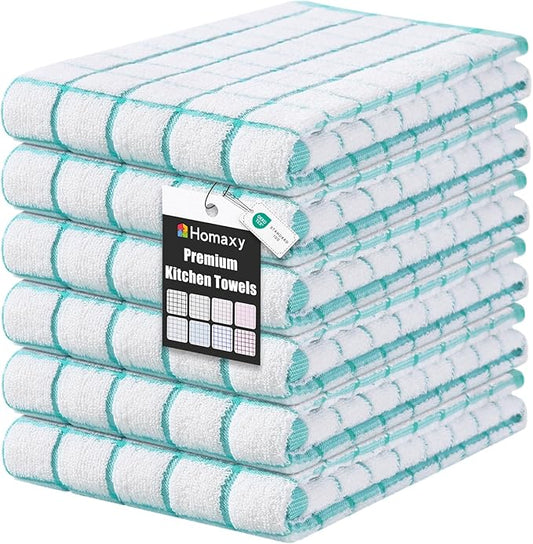 Homaxy Premium Kitchen Towels(16”x 28”, 6 Pack), Large Ring Spun Cotton Dish Towels, Super Absorbent Soft Terry Kitchen Hand Towels, Check Design Tea Towel Set with Hanging Loop, Aqua