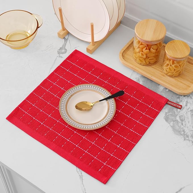 Mordimy 100% Cotton Terry Cloth Dish Cloths, Soft and Absorbent Checkered Dish Towels, Quick Drying Dish Rags for Washing Dishes, 8 Pack, 12 x 12 Inches, Red