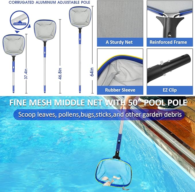 Poolvio Swimming Pool Cleaning Kit, 14'' Brush Head & 50'' Telescopic Aluminum Pole with Fine Mesh Skimmer Net - Perfect for Above Ground Pools, Spas, Hot Tub Fountains Blue (PK0140)