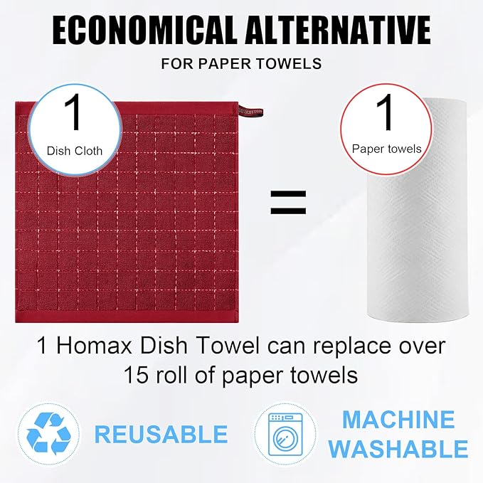 Homaxy 100% Cotton Terry Kitchen Dish Cloths, Ultra Soft and Absorbent Dish Towels for Kitchen, Suitable for Drying and Washing Dishes, 6 Pack, 12 x 12 Inches, Brick Red