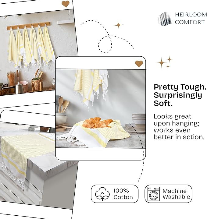 12 Pack Lemon Yellow Turkish Kitchen Towels 16"x26", 100% Cotton, Ultra Absorbent, Soft, Quick Dry, Washable, Dish Tea Towel with Tassels for Drying Dishes, Cleaning, Kitchen Use