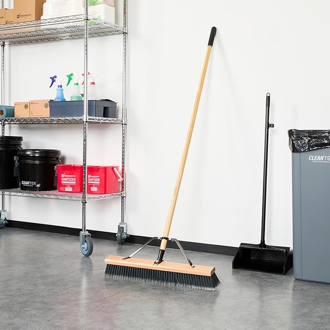 Restaurantware-Clean Tek Professional 24 Inch Push Broom, 1 Heavy-Duty Broom with 60” Handle - Medium Plastic Bristles, Durable, Wooden, Commercial Use, for Deck, Driveway, Garage, Yard, Patio