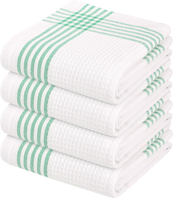 Waffle White & Dark Green Kitchen Towels 4 Pack, 100% Cotton, 16x26 inches, Super Absorbent Tea Towel for Drying Dishes, Quick Drying Kitchen Cloth Set for Daily Cooking, Cleaning