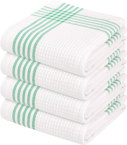 Waffle White & Dark Green Kitchen Towels 4 Pack, 100% Cotton, 16x26 inches, Super Absorbent Tea Towel for Drying Dishes, Quick Drying Kitchen Cloth Set for Daily Cooking, Cleaning