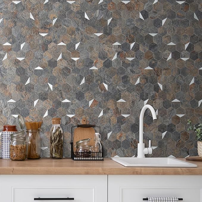 DICOFUN Hexagon Tile Mixed Metal Peel and Stick Backsplash, Self Adhesive Mosaic Tiles for Kitchen and Bathroom (1, Rust Slate and Silver)