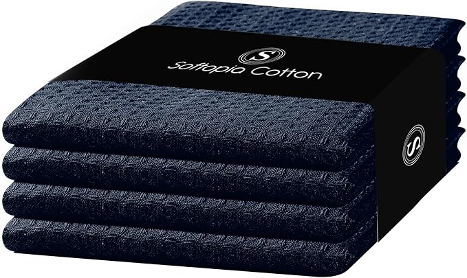 Navy Waffle Kitchen Dish Towels, 100% Cotton, Quick Dry, Super Absorbent, Soft, Lint-Free, 16x26 Inches - Ideal for Dish Drying, Tea, Cleaning, and Everyday Use, 4 Pack, Navy Blue