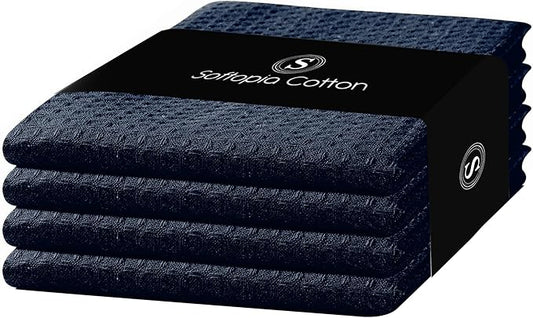 Navy Waffle Kitchen Dish Towels, 100% Cotton, Quick Dry, Super Absorbent, Soft, Lint-Free, 16x26 Inches - Ideal for Dish Drying, Tea, Cleaning, and Everyday Use, 4 Pack, Navy Blue
