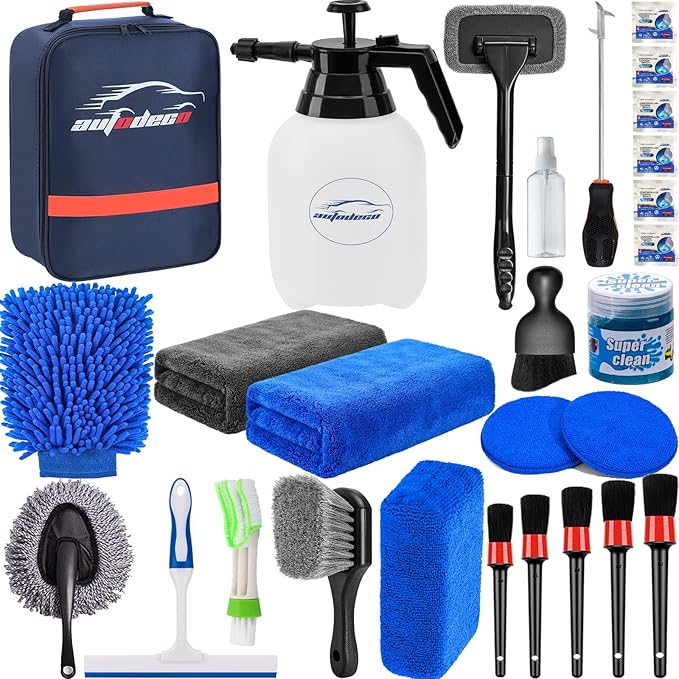 AUTODECO 28Pcs Car Detailing Kit Wash Cleaning Kits with Pump Foam Sprayer Windshield Cleaning Tool Wash Brush Large Wash Mitt Towels Complete Interior Exterior Car Detailing Supply Set Blue
