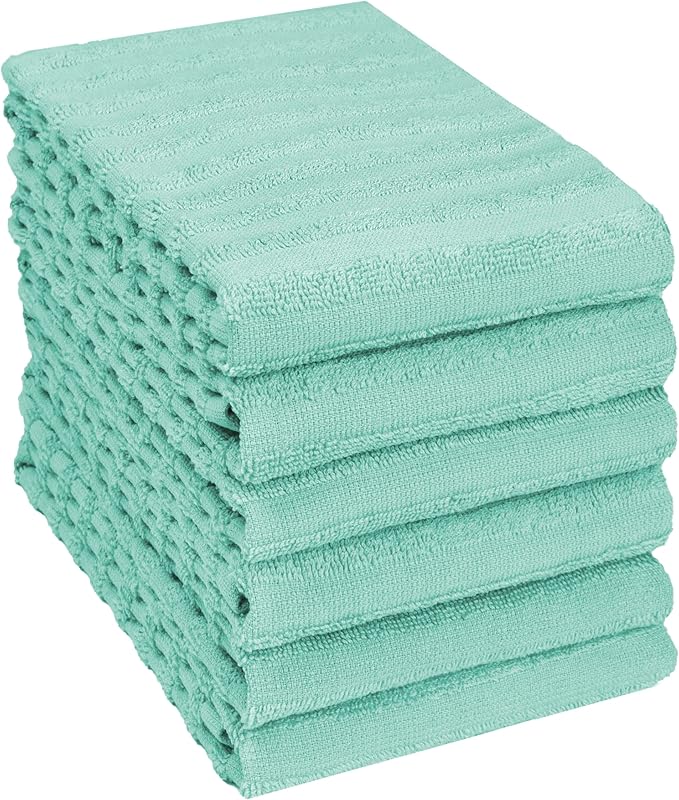 Premium Kitchen Towels (20”x 28”, 6 Pack) | Large Cotton Dish Towels 400 GSM | Highly Absorbent Terry Kitchen Linen Set with Hanging Loop | Aqua Solid