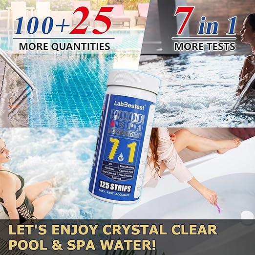 Pool Spa Hot Tub Test Strips - 125 Pool Spa Test Strips - Swimming Pool Water Testing Kit - Rapid Accurate Easy to Test pH, Hardness, Cyanuric Acid, Chlorine, Bromine, and More (7-Way)