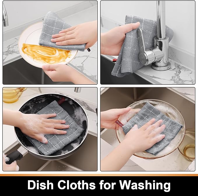 Mordimy 100% Cotton Terry Cloth Dish Cloths, Soft and Absorbent Checkered Dish Towels, Quick Drying Dish Rags for Washing Dishes, 6 Pack, 12 x 12 Inches, Light Grey