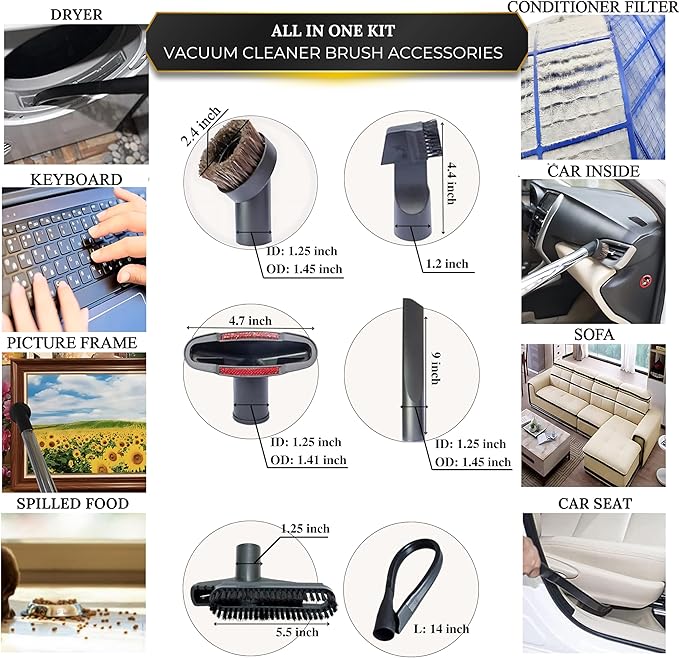 Universal Vacuum Attachments & Brushes Kit - Hardwood Floor Vacuum Brush Head Attachment & Shop-vacs Accessories - Universal Vacuum Hose Adapter Kit & Dryer vent Flexible Crevice Attachment