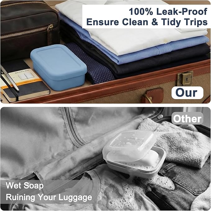 Leak Proof Silicone Travel Soap Case with Draining Tray - Bar Soap Holder for Travel, Gym & Camping - Mess-Free Portable Soap Container for Carry-on Bags (Dark Blue)