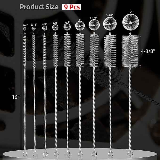 16 Inch Extra Long Pipe Cleaning Brush Set, Stainless Steel Bristles Bore Brush, 9Pcs Variety Wire Brush Pack for Auto Parts, Bottles,Tubes