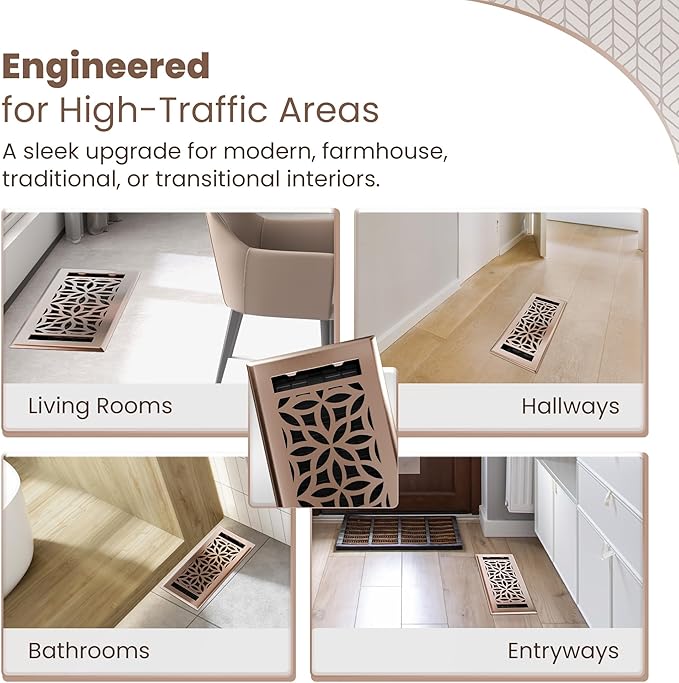 Floor Register 4x10 Vent Cover – Heavy-Duty Steel, Rustproof & Walkable Grates, Easy Drop-in Install, Adjustable Air Supply Switch - Decorative Floral Design, Satin Bronze
