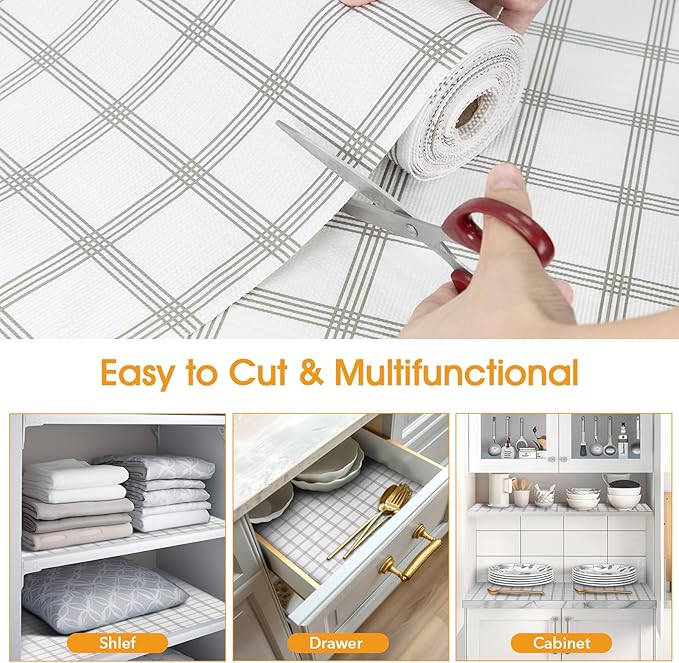 Shelf and Drawer Liner for Kitchen Cabinets Non-Adhesive, Strong Grip Non-Slip Thickened Cabinet Liners for Shelves, Waterproof Mats for Dresser Cupboard, White Square, 12 in x 30 Feet