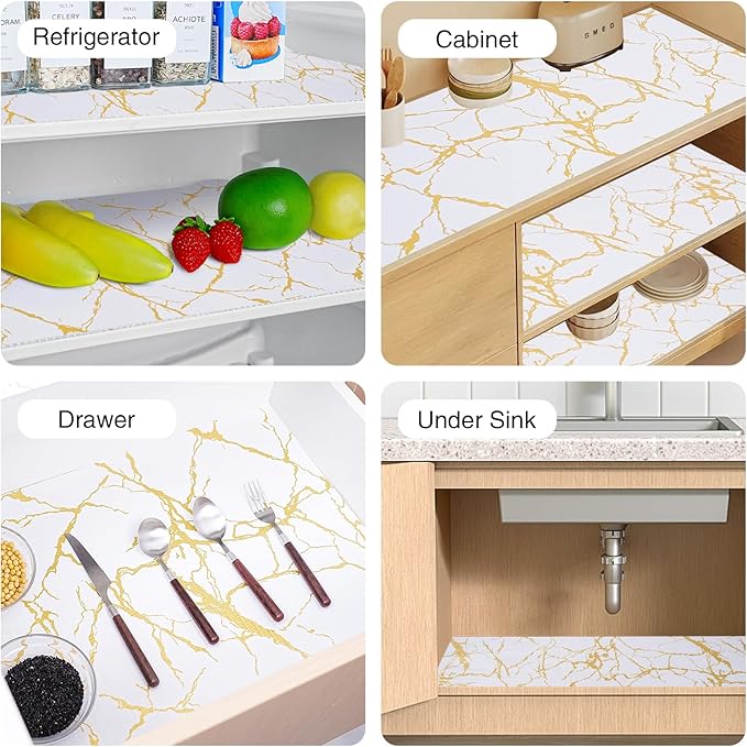Drawer and Shelf Liner for Kitchen Cabinet,Non-Adhesive Cabinet Liner 24in x 10FT,Waterproof Shelf Paper Non-Slip Mats Cupboard Liners Contact Protect Dresser/Shelves/Table-Gold Marble