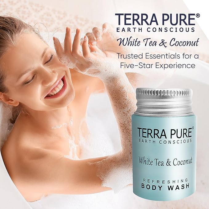 Terra Pure Travel Size Hotel Body Wash, 1 oz Bottles (100 Count) Guest Amenities for Hotels, Vacation & Short-Term Rentals, Paraben Free, White Tea & Coconut Scent, Infused with Aloe & Olive Oil