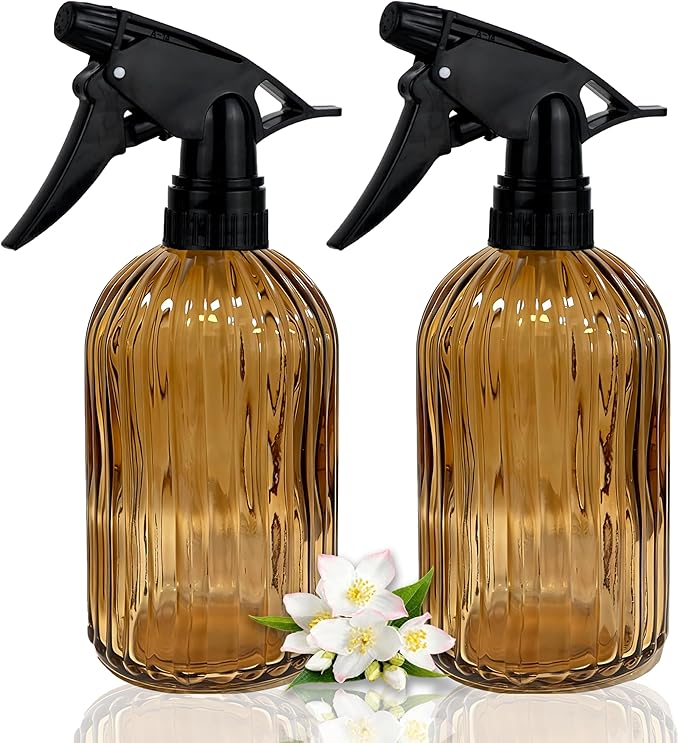 Glass Plant Spray Bottle, 13.5oz Refillable Plant Mister Bottle, 2 pcs Handheld Water Spray Bottle with Adjustable Mist Nozzle for Outdoor Gardening, Indoor Flowers, Cleaning, Hair & Pets Care (Brown)