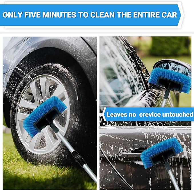 72" Long Handle Car Wash Brush with Hose Attachment, Flow-Through Soft Bristle Five-Sided Brush