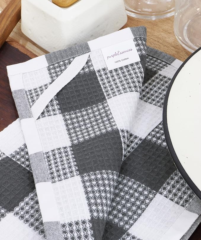 PurpleEssences 100% Cotton Waffle Weave Check Plaid Kitchen Towels, Super Soft and Absorbent Dish Towels for Drying Dishes 15 x 25-4 Pack - Christmas Holiday Winter - Steel Grey and White