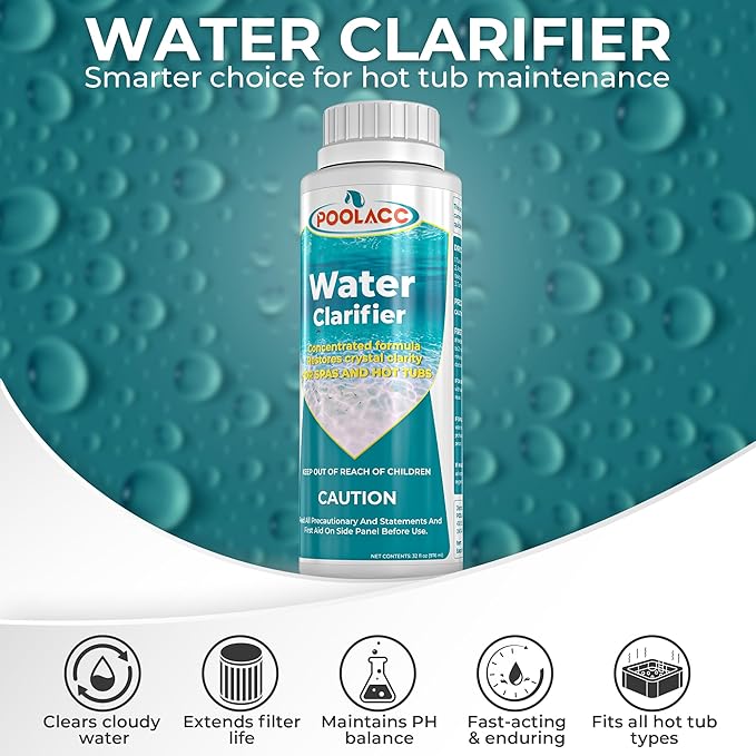 Water Clarifier for Spa Hot Tub or Pool- Clears Cloudy Water, Improves Filter Efficiency, Keeps pH Balanced - Highly Concentrated Chemical Water Clarifier for All Spas, Hot Tubs & Pools -32 oz