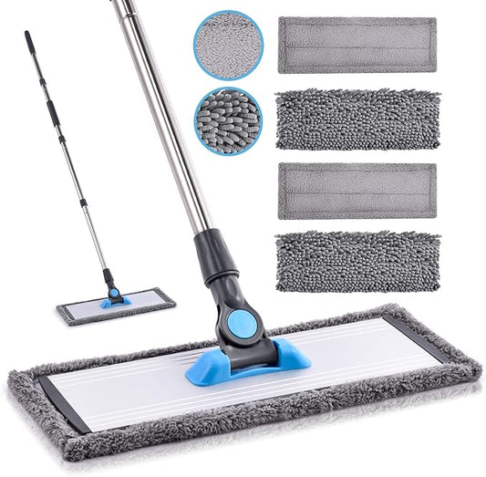 MANGOTIME Microfiber Dust Mop for Hardwood Floors - Dry Floor Cleaning for Wood, Tile, Vinyl, Laminate - Wet Flat Mop With 4 Washable Reusable Pads and Aluminum Head