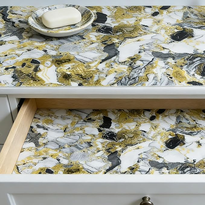 Drawer and Shelf Liner - Yellow Black Marble Pattern,Non Adhesive Non Slip Waterproof Easy-Clean Liner for Kitchen Cabinet, Refrigerator, Bathroom, Pantry Storage Drawers, 12 in x 10 Ft