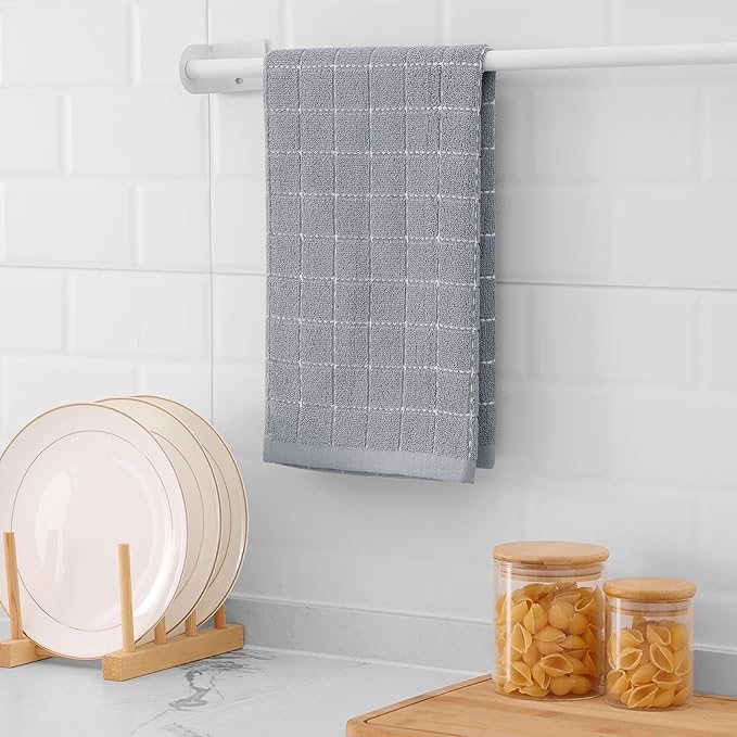 Mordimy 100% Cotton Terry Cloth Kitchen Towels, Super Soft and Absorbent Dish Towels for Drying, Checkered Designed Hand Towels for Kitchen, 16 x 26 Inches, 4 Pack, Light Grey