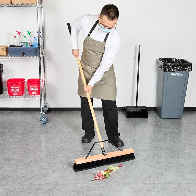 Restaurantware-Clean Tek Professional 24 Inch Push Broom, 1 Heavy-Duty Broom with 60â€ Handle - Fine Plastic Bristles, Durable, Wooden, Commercial Use, for Deck, Driveway, Garage, Yard, Patio