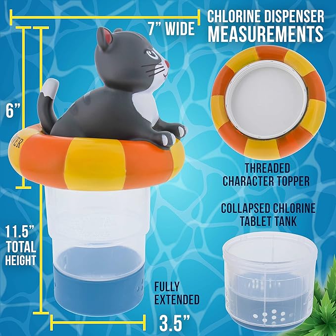 U.S. Pool Supply Kitty Cat Floating Pool Chlorine Dispenser, Collapsible Base, Holds 3" Tablets - 7" Fun Cute Happy Pet Life Preserver Animal Float Floater Decoration, Adjustable Balanced Delivery