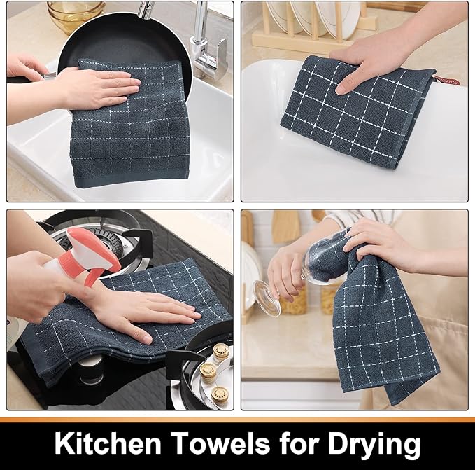 Mordimy 100% Cotton Terrycloth Kitchen Towels and Dishcloths Sets, Soft and Absorbent Checkered Dish Towels, Quick Drying Dish Rags for Washing Dishes, 4 Pack 16" x 26" & 4 Pack 12" x 12", Grey