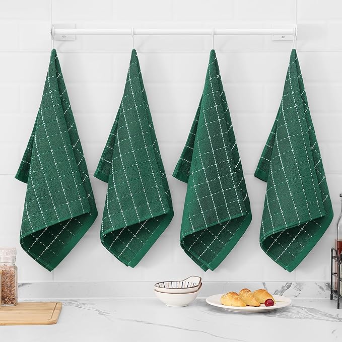 Mordimy 100% Cotton Terry Cloth Kitchen Towels, Super Soft and Absorbent Dish Towels for Drying, Checkered Designed Hand Towels for Kitchen, 16 x 26 Inches, 6 Pack, Dark Green
