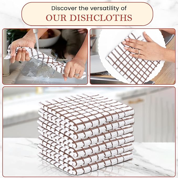 Vintage Vista 100% Cotton Dish Cloths (Pack of 6) - Dish Rags for Washing Dishes - Reusable & Highly Absorbent Kitchen Towels - Kitchen Rags for Christmas - (12" x 12" - Natural Brown Checkered)