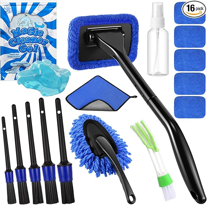 16 Pcs Windshield Cleaner Tool, Car Cleaning Kit with Various Detailing Brushes Set Spray Bottle Cleaner Towel Cleaning Gel Accessories Car Interior Detailing Kit for Windows Vents(Blue)