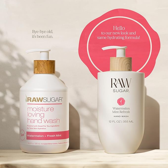 RAW SUGAR Hand Wash Variety Bundle (12 Fl Oz, Pack of 4) Vegan Soap, Coconut Mango Glow, Pineapple Maqui Berry Reviver, Watermelon Mint Refresh, Lemon Sugar Love, Made without SLS/SLES & Parabens
