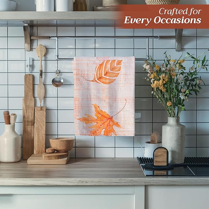 Maison d' Hermine Kitchen Towels Set of 3 100% Cotton 20" x 27.5" Reusable Cloth Tea Dish Towels Absorbent with Hanging Loop for Kitchen Dining Thanksgiving Christmas Decorations (Colours of Autumn)
