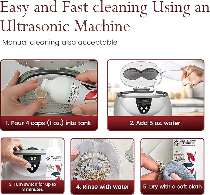 Mayflower Jewelry Cleaner for Ultrasonic Machine Made in USA Non Toxic Tarnish Remover Solution Concentrate for Cleaning Gems Diamond Rings Silver Gold and Platinum. Cleans Eyeglasses (8 oz)