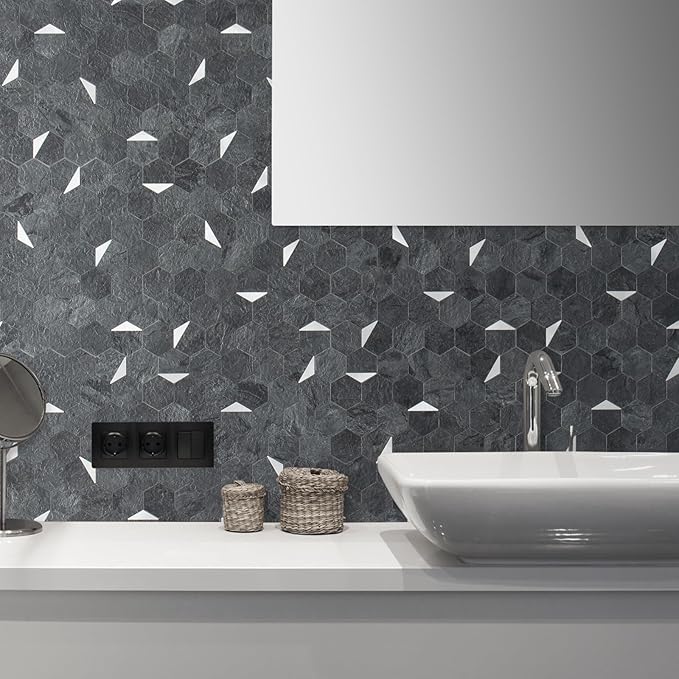 DICOFUN Hexagon Tile Mixed Metal Peel and Stick Backsplash, Self Adhesive Mosaic Tiles for Kitchen and Bathroom (10, Black Slate and Silver)