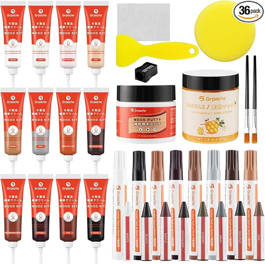 Wood Furniture Repair Kit,Set of 36 Laminate Floor Repair Kit, Touch Up Markers with Wood Putty, Beeswax Repair Scratch, Cracks, Hole, Discoloration for Floor, Table, Door, Cabinet