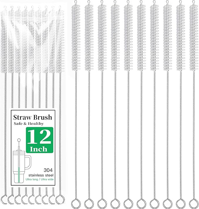 12 Inch Extra Long Straw Cleaning Brush Set - 10 Pack Pipe Cleaners for Baby Bottles, Water Bottles, Tumblers & Reusable Straws - Dishwasher Safe