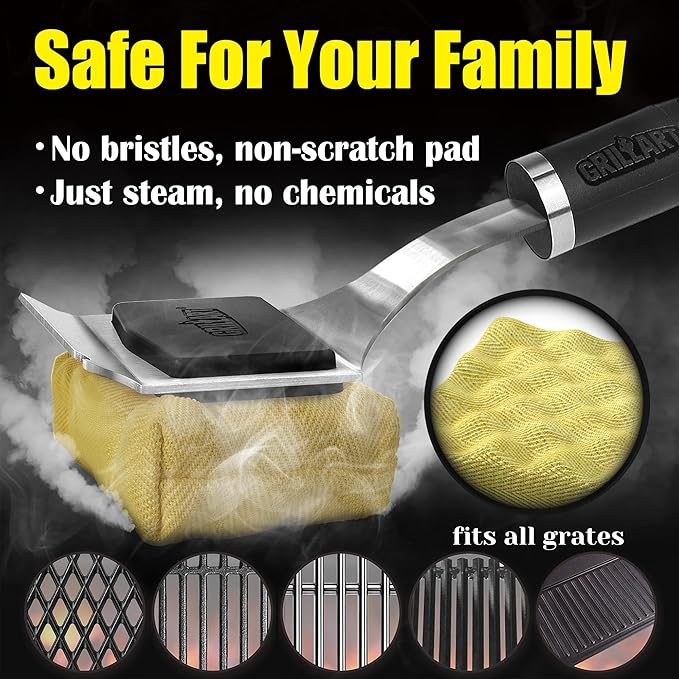 GRILLART Grill Brush Bristle Free Safe Steam Cleaning Tool, Replaceable Head for Any Grate Type - 17” Long Handle w/One-Fit-All Scraper - BBQ Accessories Cleaner for Outdoor Grill - Gifts for Men/Dad