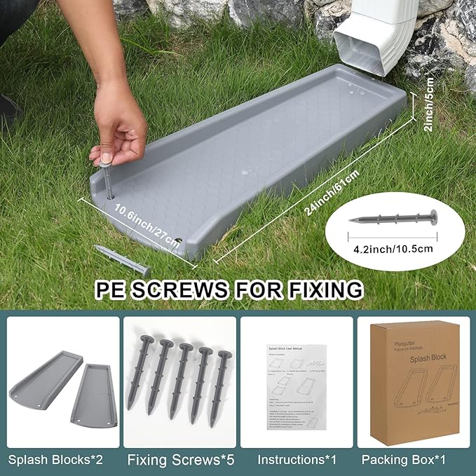 Rain Gutter Downspout Splash Block, Gutter Downspout Extensions for Water Drainage, 24" Gutter Splash Guards Downspout Extender, Fixable Down spout Drain Trays with PE Nails(2 Pack, Gray)
