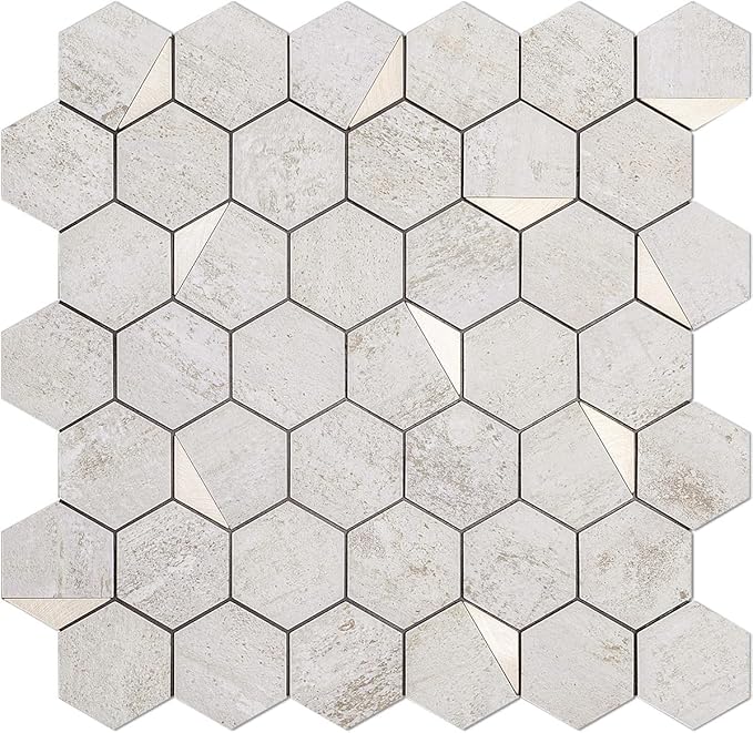 DICOFUN 1 Hexagon Tile Peel and Stick Backsplash, Beige Stone Look PVC Mixed Gold Metal Mosaic Tiles