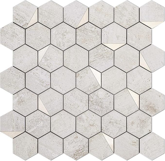 DICOFUN 1 Hexagon Tile Peel and Stick Backsplash, Beige Stone Look PVC Mixed Gold Metal Mosaic Tiles
